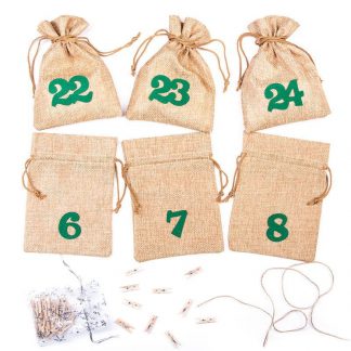 1 szt. Kalendarz adwentowy woreczki jutowe 13 x 18 cm - brązowe jasne + zielone numery