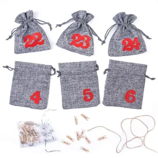 1 szt. Kalendarz adwentowy woreczki jutowe 12 x 15 cm - szare + czerwone numery