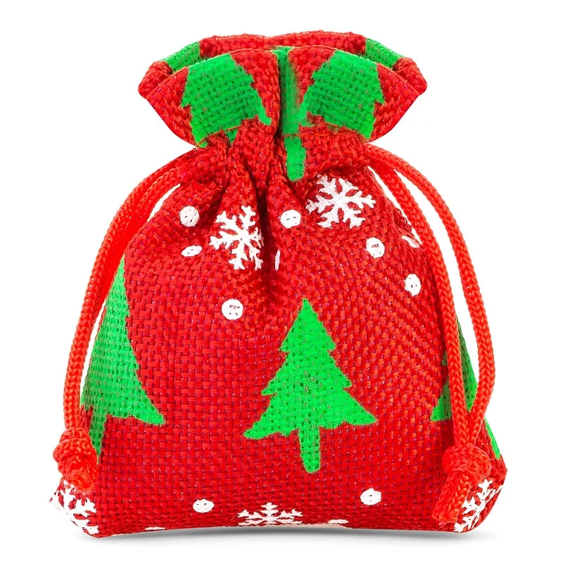 10 szt. Woreczki jutowe z nadrukiem 10 x 13 cm - czerwone / choinka