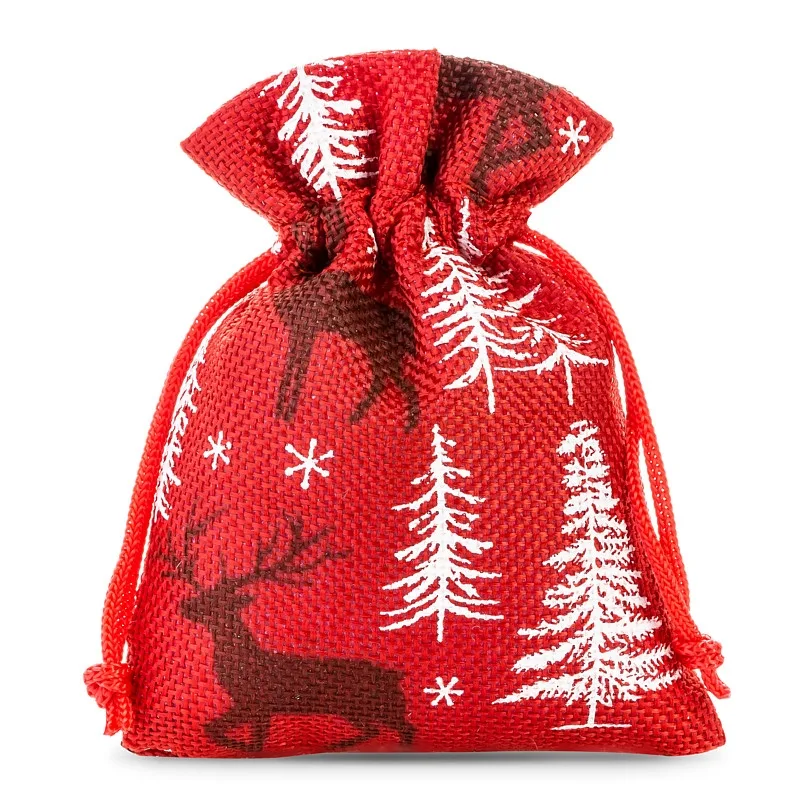 10 x Woreczki jutowe z nadrukiem renifera 8 x 10 cm - świąteczne opakowanie na prezenty