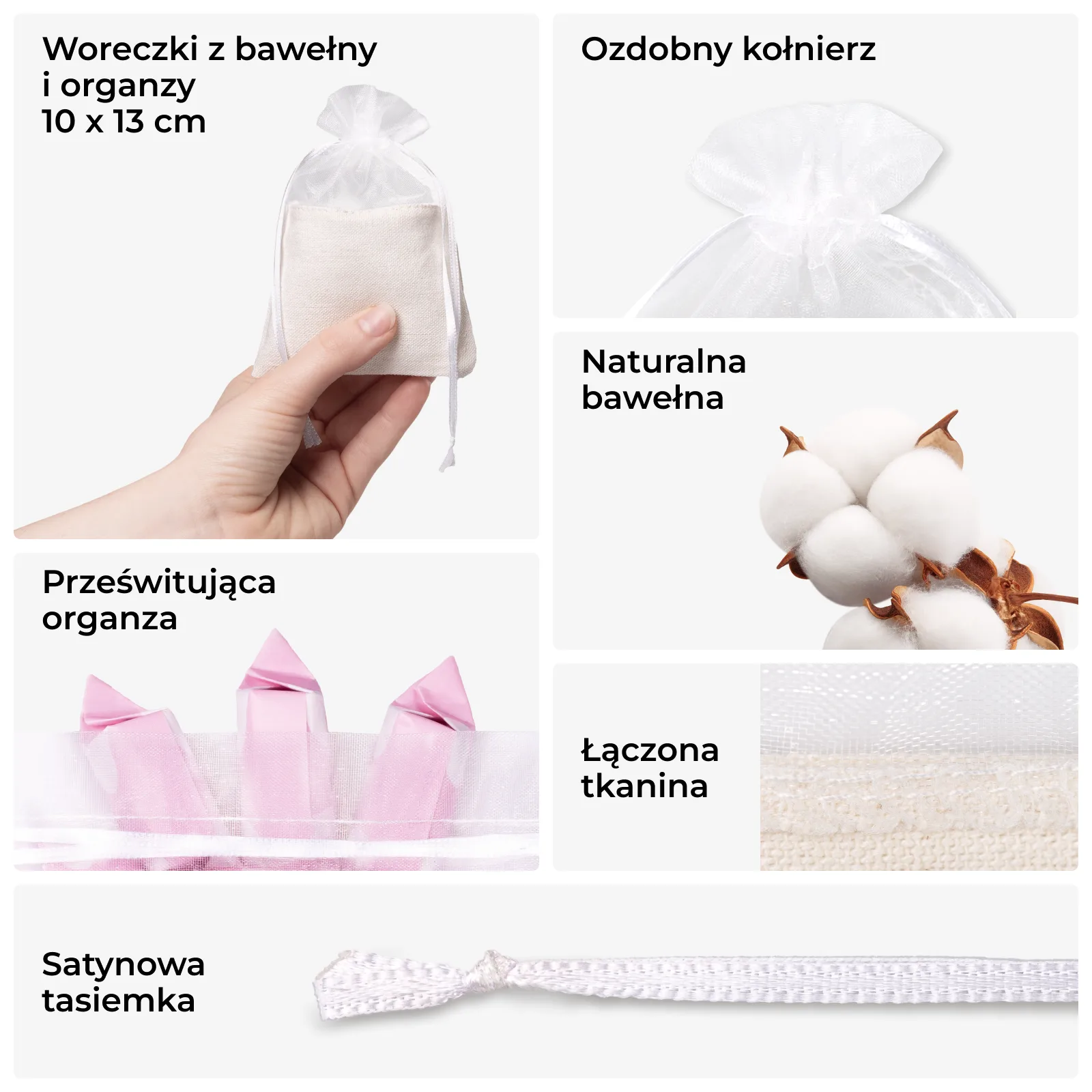 Woreczki bawełniane z organzy 10x13 cm - 10 szt - opakowanie z nutą lekkości - obrazek 2