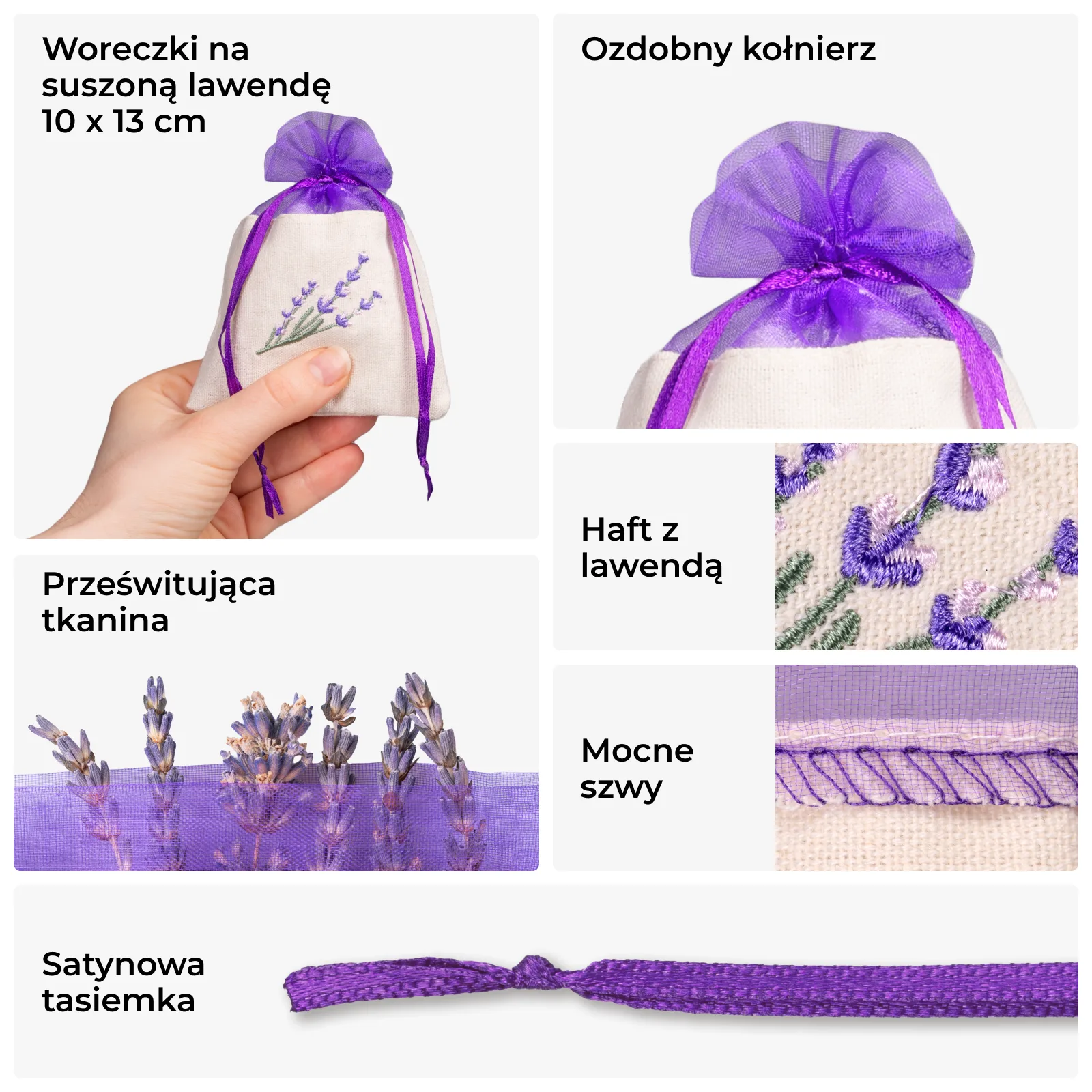 Woreczki à la lniano-organzowe 10x13 cm - 5 szt - klasyka z lawendowym akcentem - obrazek 2